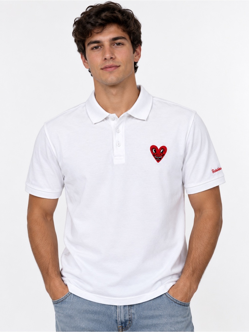 REASON x Keith Haring Embroidered Heart Polo – White – Men’s XL